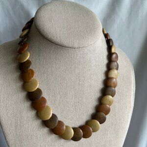 Vintage Wooden Saucer Disc Shape Beaded Boho 70s Style Costume Estate Necklace